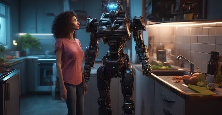Женщина с роботом на кухне олицетворяет, какова может быть семья сегодня