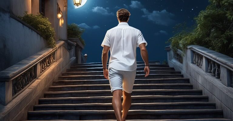 Мужчина поднимается по лестнице навстречу луне и осознаёт, что его формы познания мира ограничены