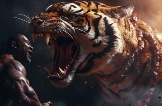 Безоружный человек в бою противостоит тигру, для которого тренировкой являются драки животных