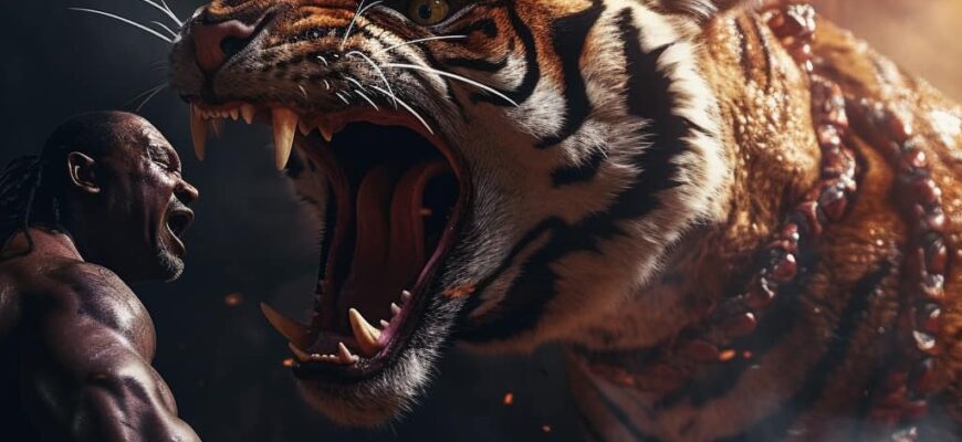 Безоружный человек в бою противостоит тигру, для которого тренировкой являются драки животных