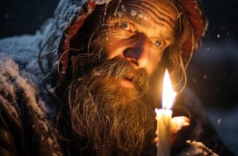 Замёрзший мужчина в темноте ощущает тепло свечи, которую держит в руках